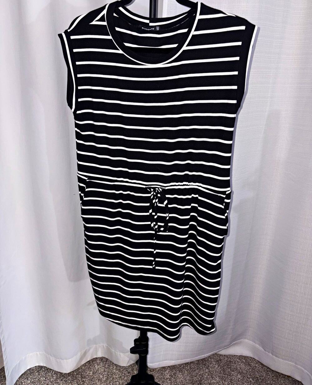 STACCATO Black/White Striped Knit Sleeveless Drawstring Romper Pockets #0047